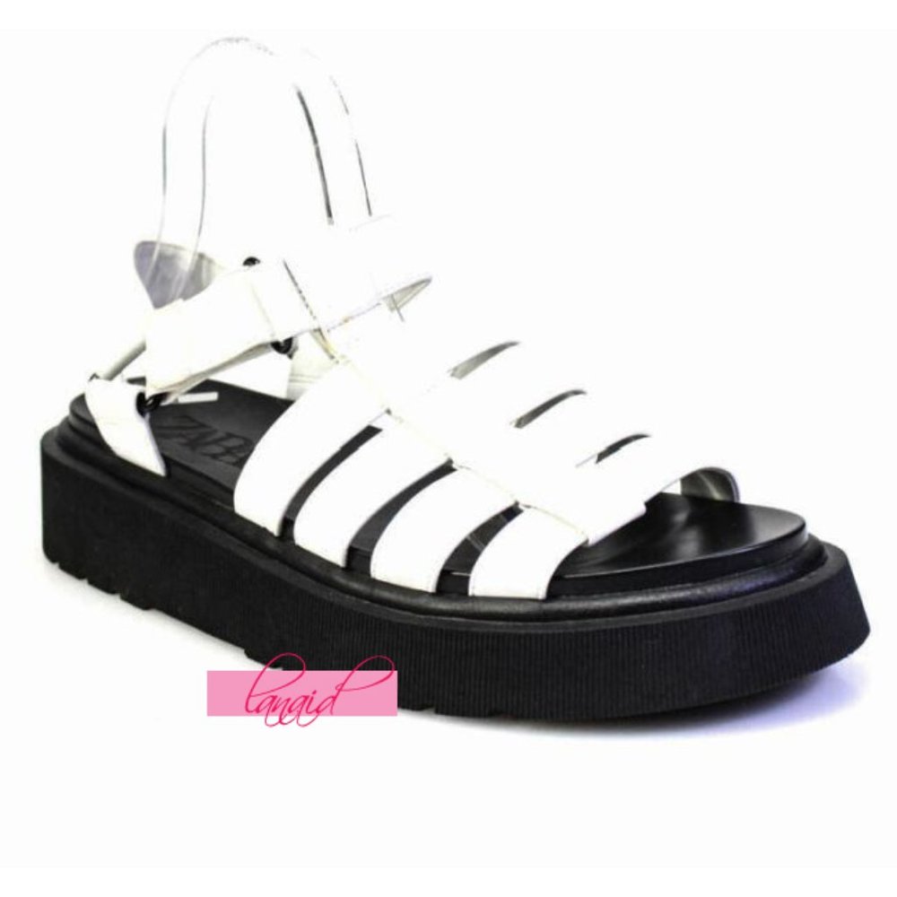 Zara Thick Sole Fisherman Sandals White Black Chunky Cut-Outs Strappy Flats 9 - Picture 8 of 15